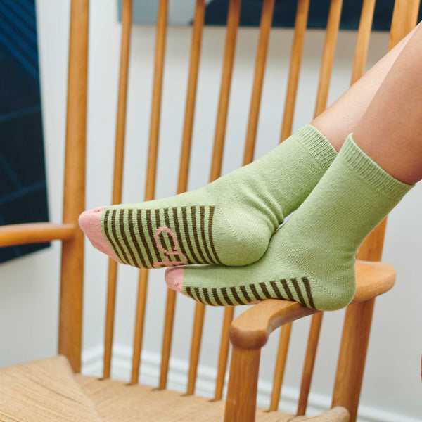 Women's  Mint & Fir-Green Striped Sole Lambswool Ankle Socks