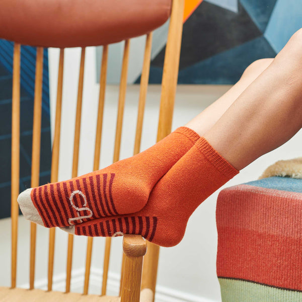 Women's Orange & Plum Striped Sole Lambswool Ankle Socks