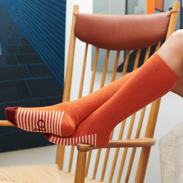 Women's Orange Striped Sole Lambswool Knee Socks