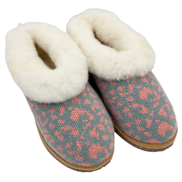 cosy sheepskin lined slippers with a sage and pink leopard  print