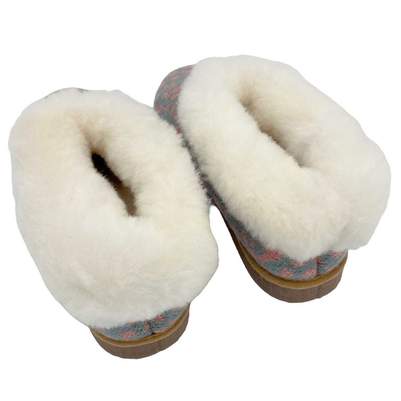 cosy sheepskin lined slippers with a sage and pink leopard  print