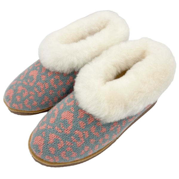 cosy sheepskin lined slippers with a sage and pink leopard  print 