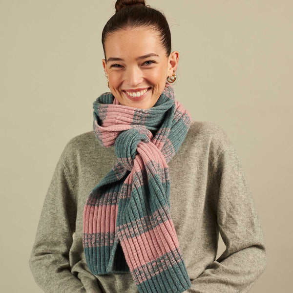 Sea Green & Pink Marl Stripe Lambswool Scarf