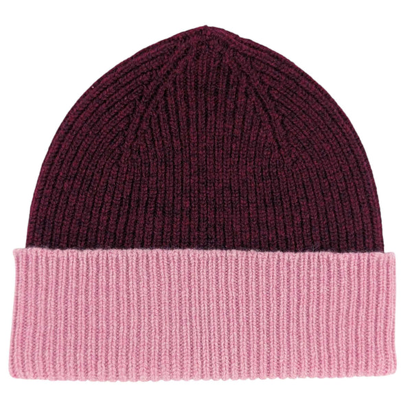 Dark Red & Dusky Pink Ribbed Lambswool Unisex Beanie