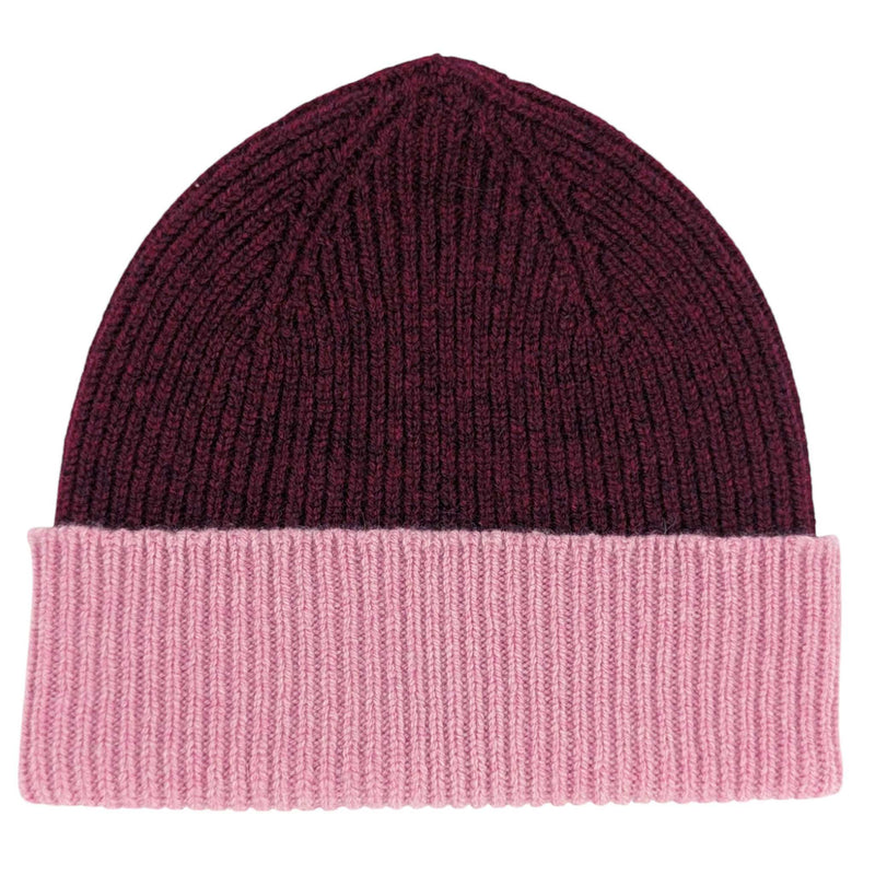 Dark Red & Dusky Pink Ribbed Lambswool Unisex Beanie