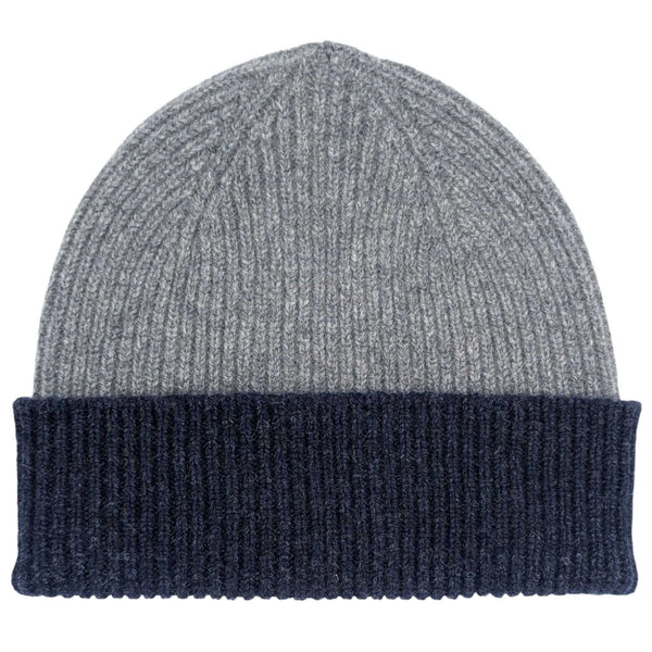 Two-tone gray and navy beanie on a white background