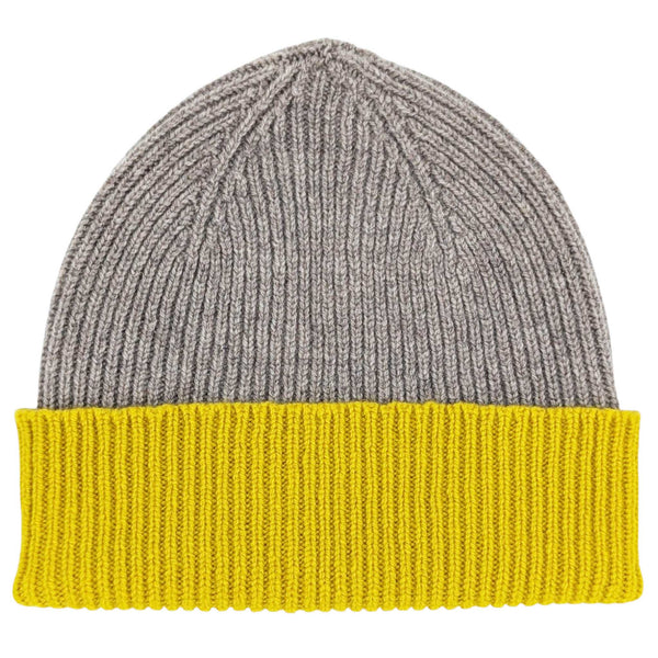 Soft Brown & Electric Yellow Ribbed Lambswool Unisex Beanie