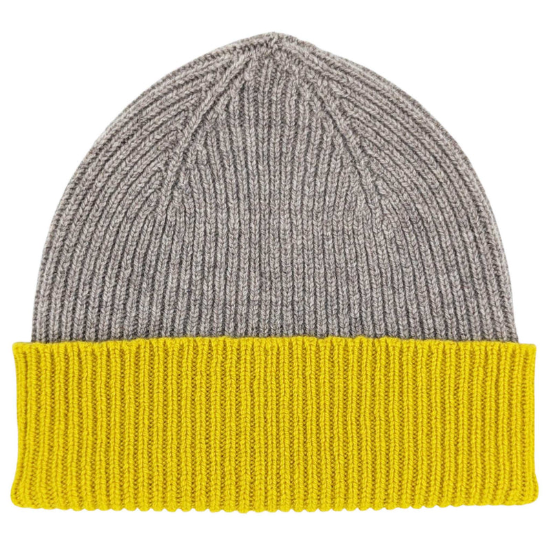 Soft Brown & Electric Yellow Ribbed Lambswool Unisex Beanie