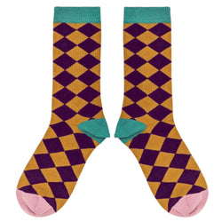 Women's Organic Cotton Ankle Socks - Aubergine Diamond Pattern