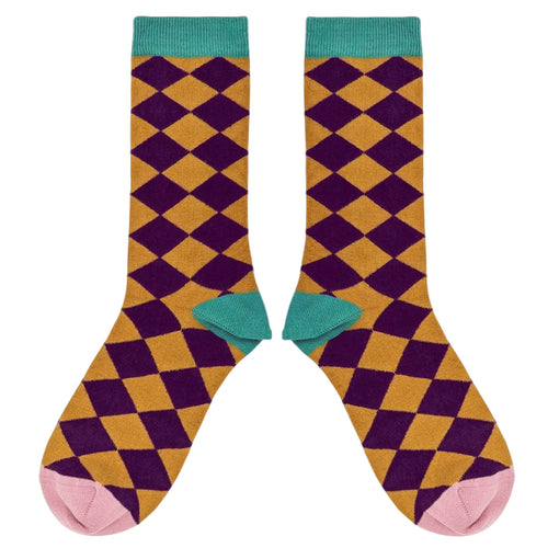 Women's Organic Cotton Ankle Socks - Aubergine Diamond Pattern