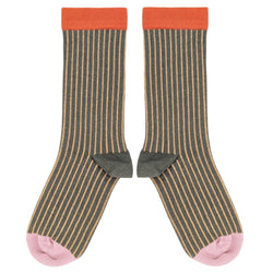 Women's Organic Cotton Ankle Socks -  Grey & Peach Pinstripe Pattern