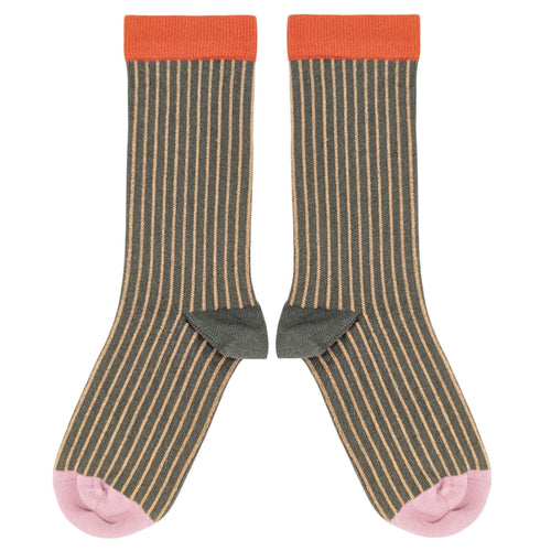 Women's Organic Cotton Ankle Socks -  Grey & Peach Pinstripe Pattern