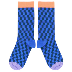 Catherine Tough Women's Organic Cotton Ankle Socks -  Blue Check Pattern