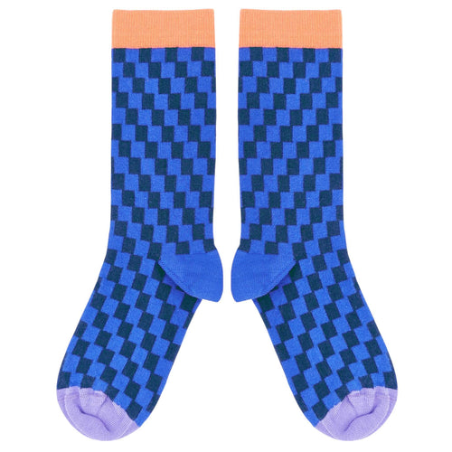 Women's Organic Cotton Ankle Socks -  Blue Check Pattern