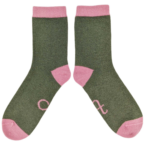 Women's Soft Lambswool Ankle Socks - Plain Khaki & Dusky Pink