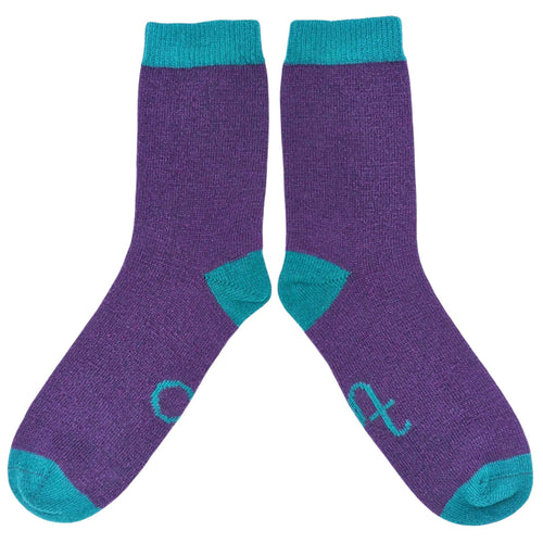 Women's Soft  Lambswool Ankle Socks - Plain Purple & Teal