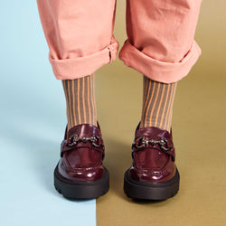Women's Organic Cotton Ankle Socks -  Grey & Peach Pinstripe Pattern