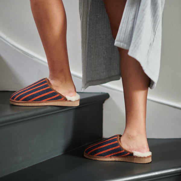 Navy & Orange Stripe Lambswool & Sheepskin Slippers