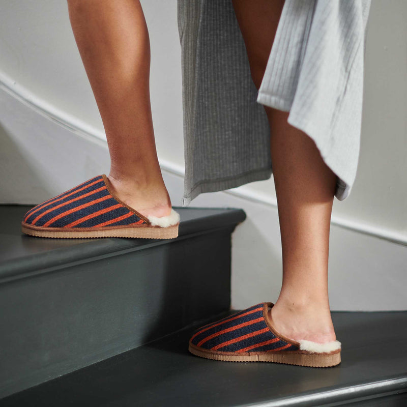 Navy & Orange Stripe Lambswool & Sheepskin Slippers