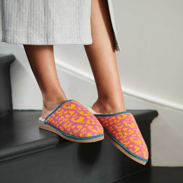 Pink & Yellow Leopard Print Lambswool & Sheepskin Slippers