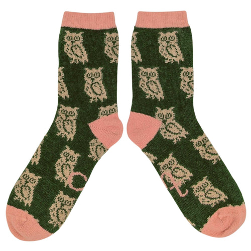 Women's Soft Lambswool Ankle Socks - Green Owls