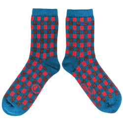 Women's Soft Lambswool Ankle Socks - Teal & Red Checked Pattern