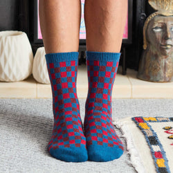 Women's Soft Lambswool Ankle Socks - Teal & Red Checked Pattern