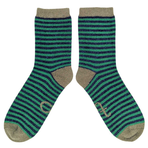 Women's Soft  Lambswool Ankle Socks - Green & Navy Stripes