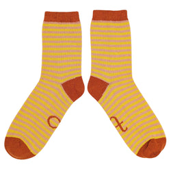 Women's Soft Lambswool Ankle Socks - Pink & Yellow Stripes