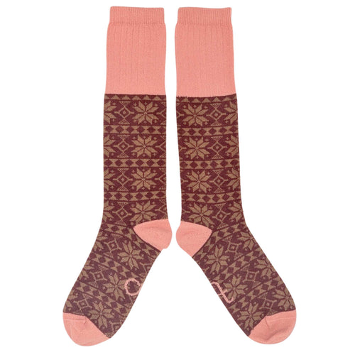 Women's Soft Lambswool Long Socks - Red Fair Isle Pattern