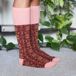Women's Soft Lambswool Long Socks - Red Fair Isle Pattern