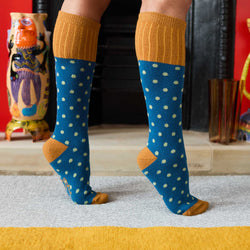 Women's Soft Lambswool Long Socks - Teal & Mint Spots