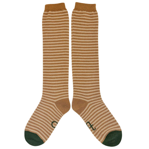Women's Soft Lambswool Long Socks - Mustard & Soft Brown Stripes