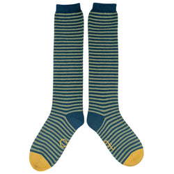 Women's Long Lambswool  Socks - Teal & Mint Stripes
