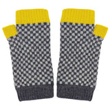 Women's Lambswool Wrist Warmers - Grey & Electric Yellow Check Pattern