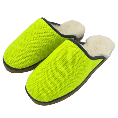 Pure Sheepskin Mule Slippers - Knitted Lambswool Neon Yellow