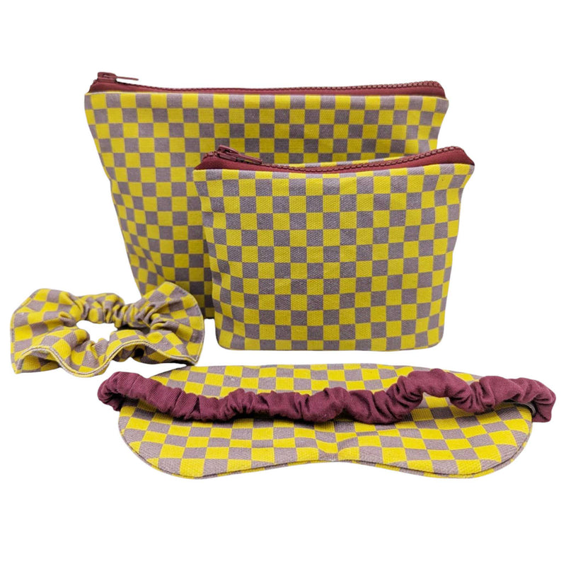 Yellow Check Cotton Pouch Travel & Sleep Set