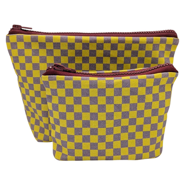 Yellow Check Cotton Pouch - Set of Two