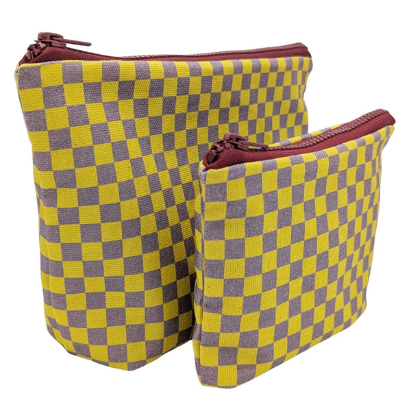 Yellow Check Cotton Pouch - Set of Two