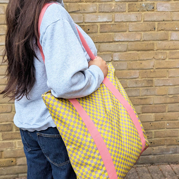 Yellow Mini Check Fabric Tote Shopper Bag