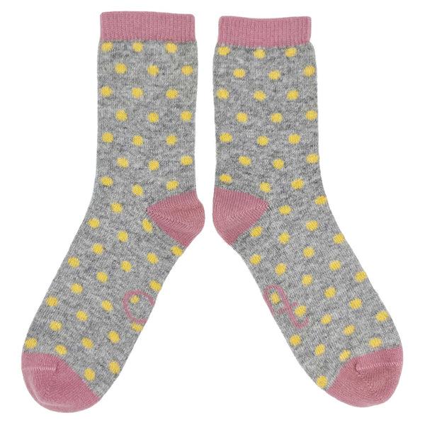 Ladies Grey & Yellow Small Spot Lambswool Ankle Socks