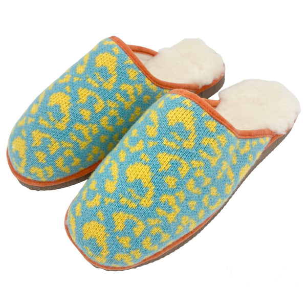 yellow & jade knitted sheepskin lined slippers