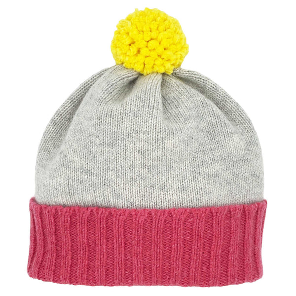 Kids' Light Grey & Pink Lambswool  Bobble Hat