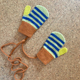 Kids' Lambswool Mittens on a String - Green & Blue Stripe