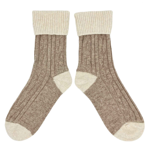 unisex cashmere mix socks with cable detail in  brown and cream