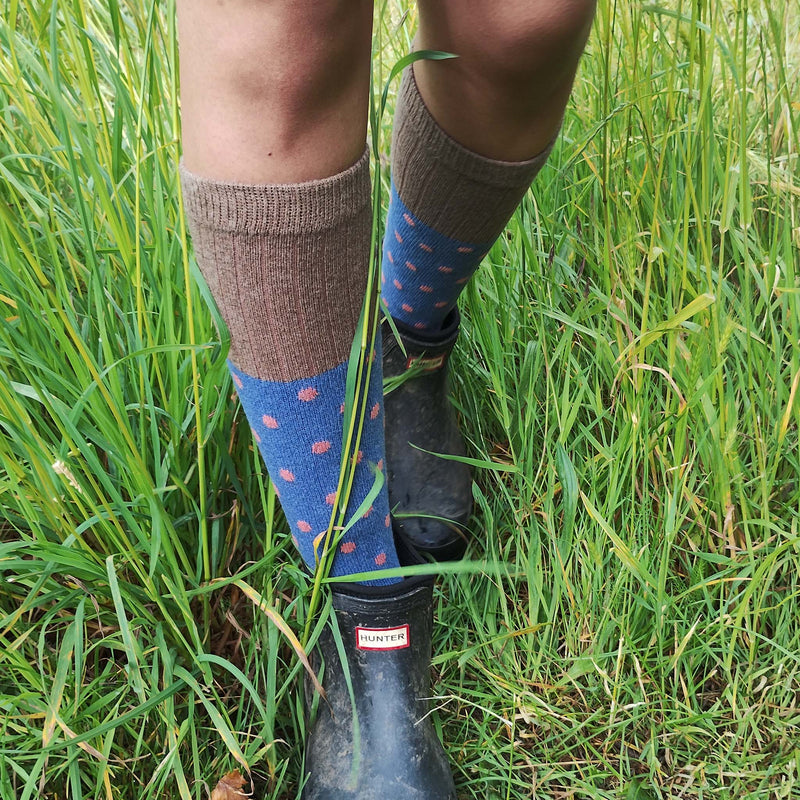 Ladies Denim & Coral Small Spot Lambswool Knee Socks