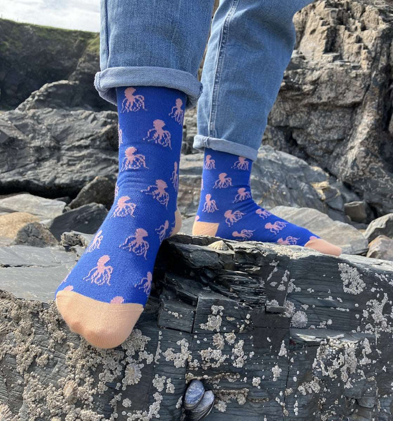 Ladies Bright Blue Octopus Organic Cotton Ankle Socks