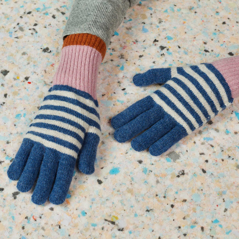 Women's Denim & Oatmeal Stripe Lambswool Gloves