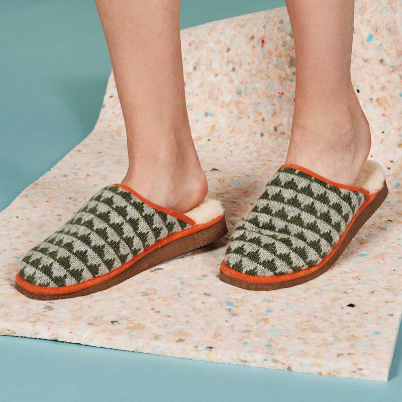 Khaki Green & Grey Triangle Lambswool & Sheepskin Slippers