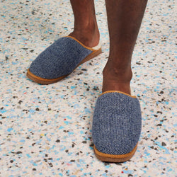 sheepskin and lambswool slippers navy check pattern